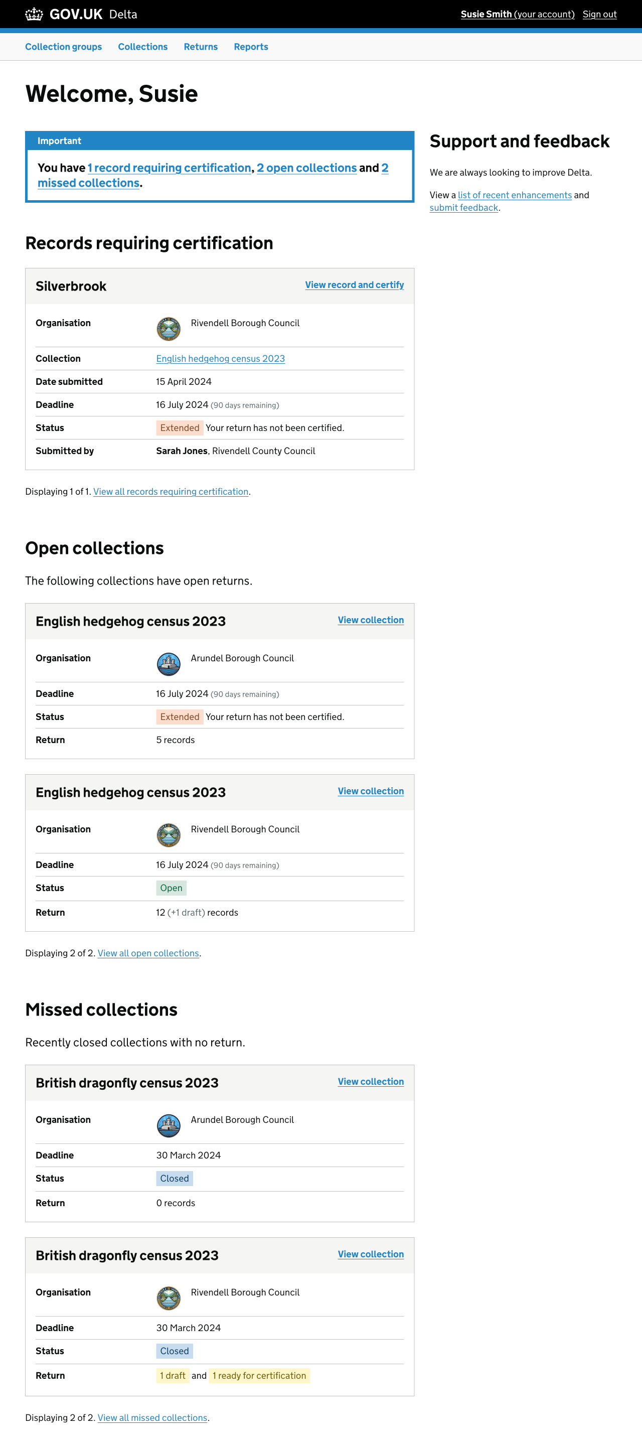 Version 2.0 of the new Delta homepage with dedicated sections for open collections, missed collections and records requiring certification.
